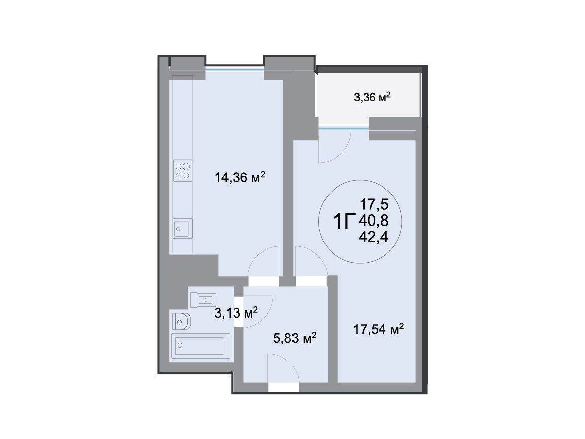 Планировка: 1-комн. квартира 40.70 м² в новостройке 28 микрорайон