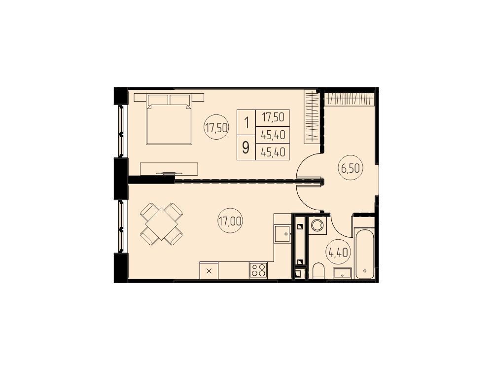 Планировка: 1-комн. квартира 45.40 м² в новостройке ЖК 7 небо
