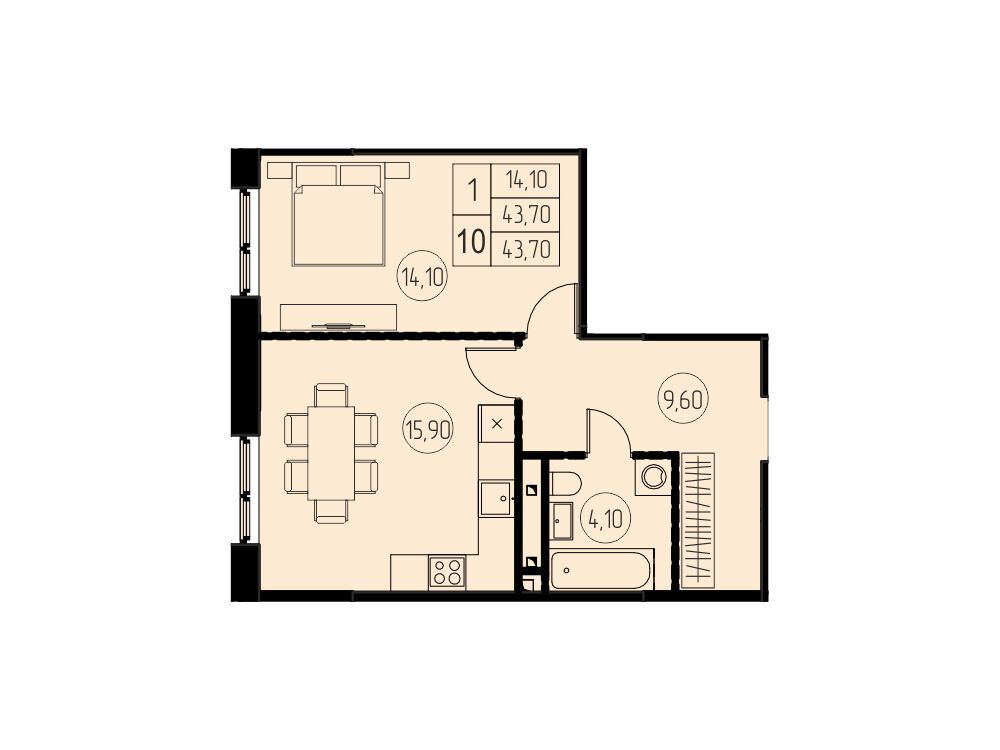 Планировка: 1-комн. квартира 43.70 м² в новостройке ЖК 7 небо