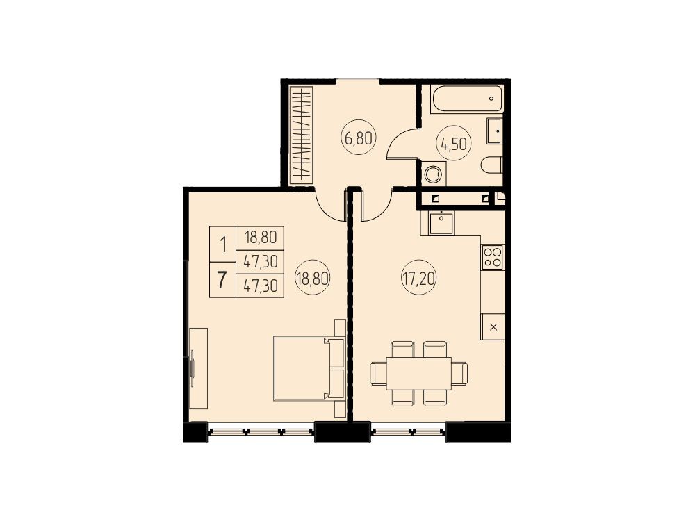 Планировка: 1-комн. квартира 47.30 м² в новостройке ЖК 7 небо