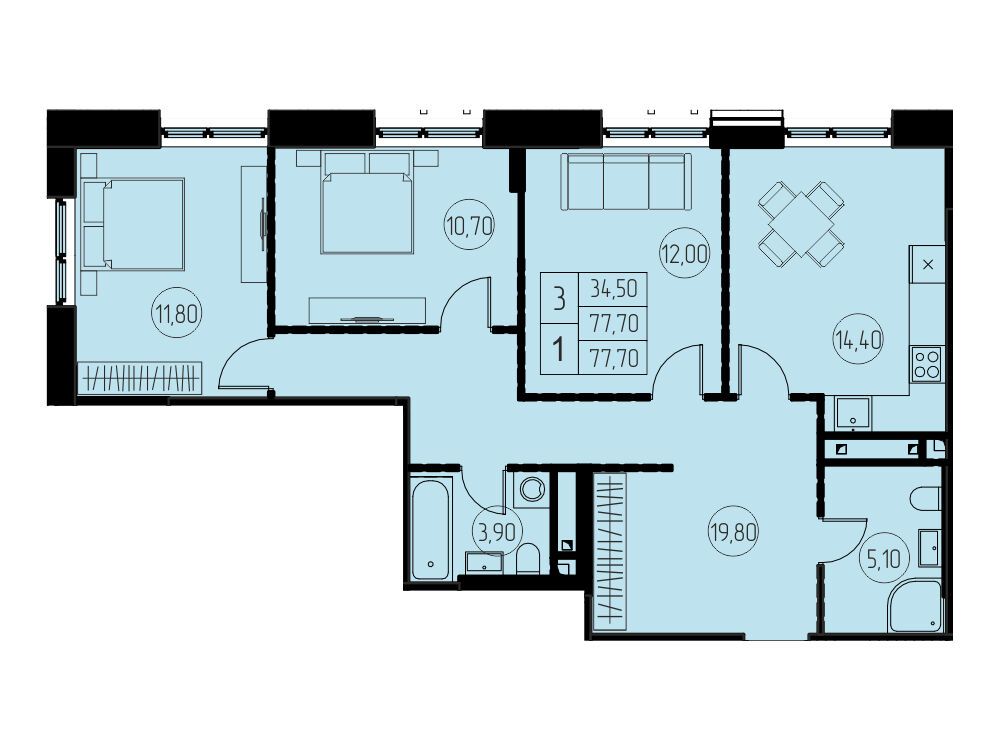 Планировка: 3-комн. квартира 77.70 м² в новостройке 7 небо