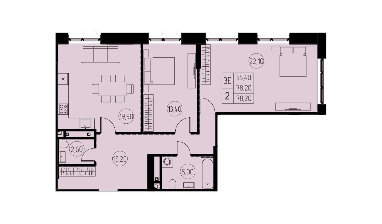 Планировка: 3-комн. квартира 78.20 м² в новостройке ЖК 7 небо