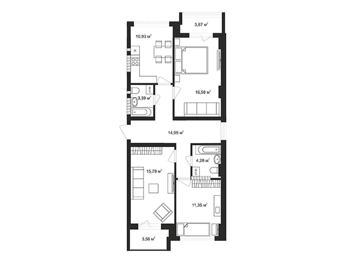 Планировка: 3-комн. квартира 84.77 м² в новостройке Бакеево-Парк