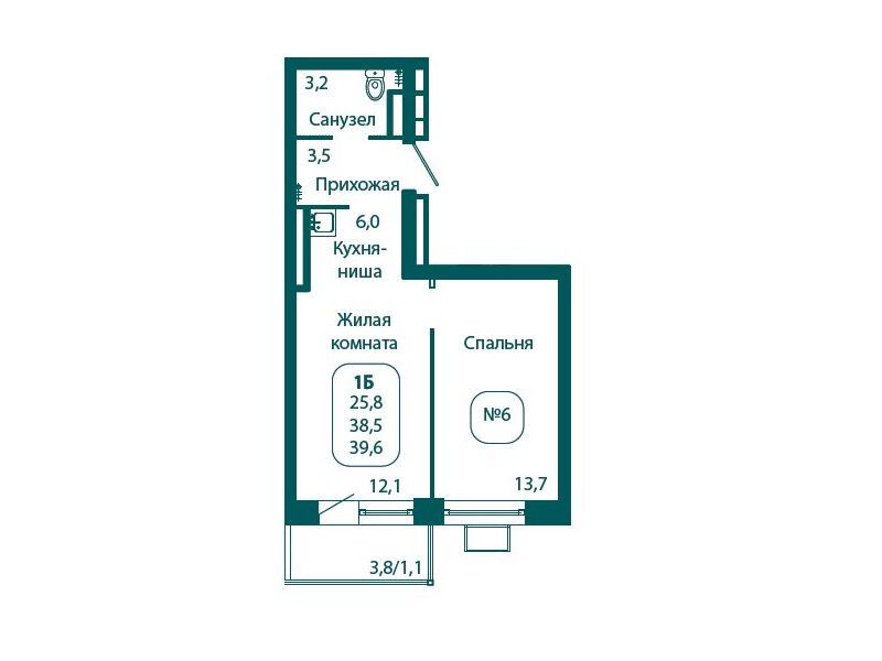Планировка: 1-комн. квартира 39.60 м² в новостройке Андреевка Лайф