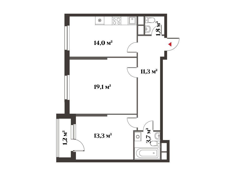 Планировка: 2-комн. квартира 64.40 м² в новостройке Восемь Кленов