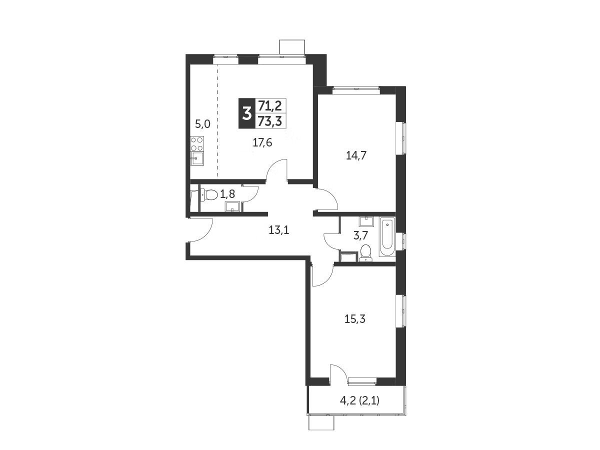 Планировка: 3-комн. квартира 73.10 м² в новостройке Южная Битца