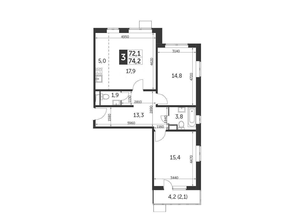 Планировка: 3-комн. квартира 74.00 м² в новостройке Южная Битца