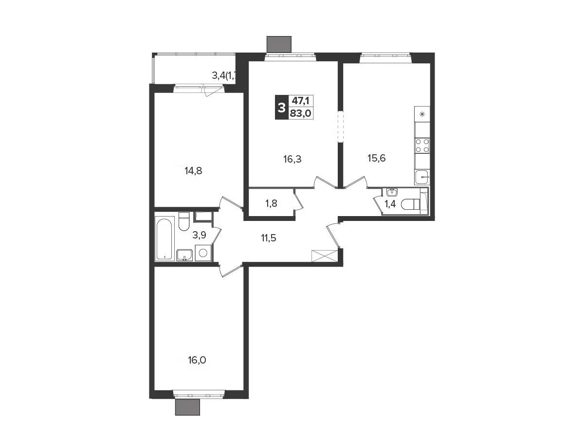 Планировка: 3-комн. квартира 82.50 м² в новостройке Южная Битца