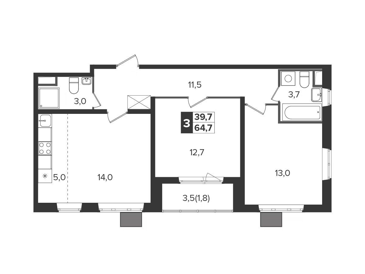 Планировка: 3-комн. квартира 64.10 м² в новостройке Южная Битца