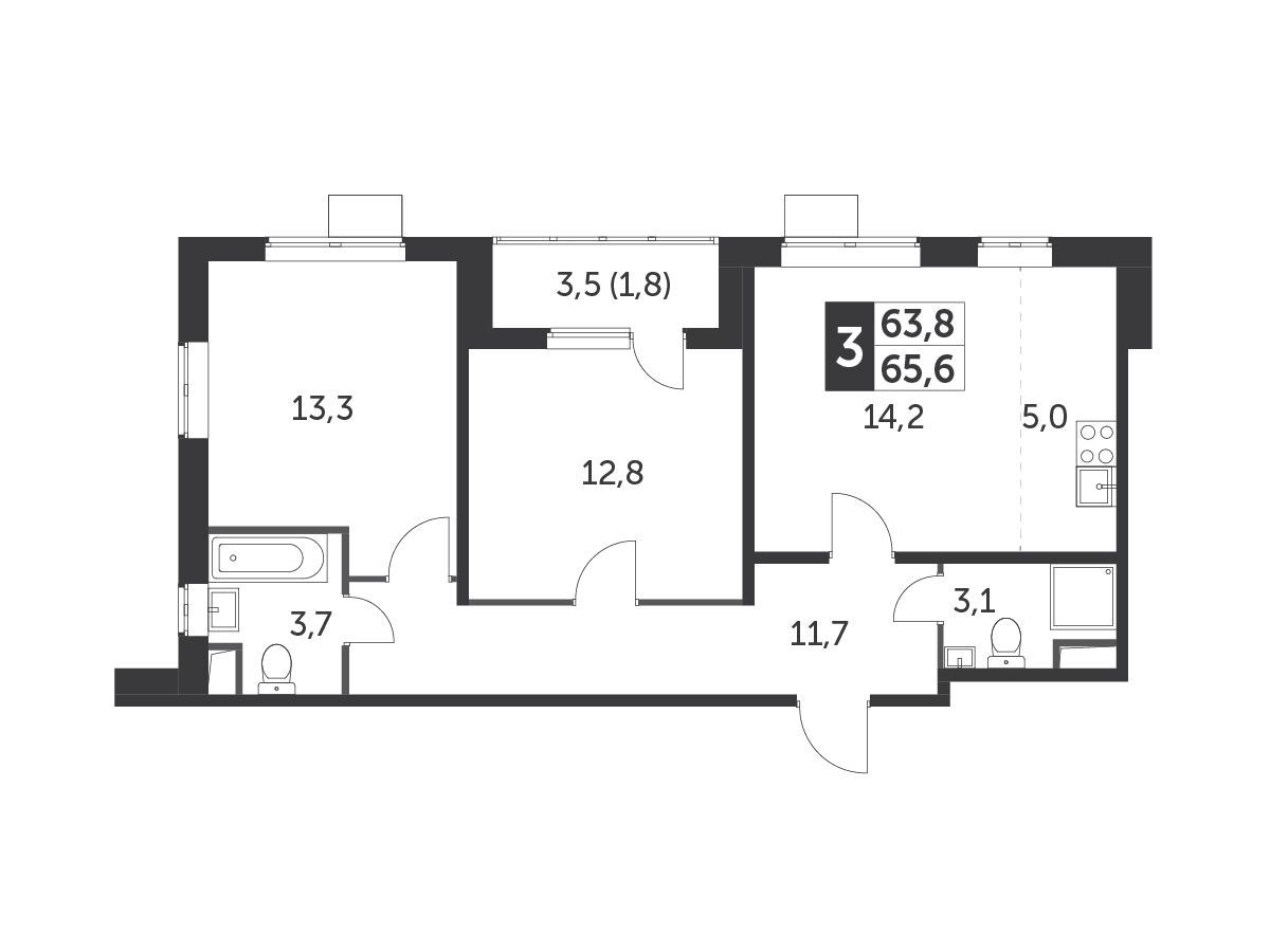 Планировка: 3-комн. квартира 65.00 м² в новостройке Южная Битца
