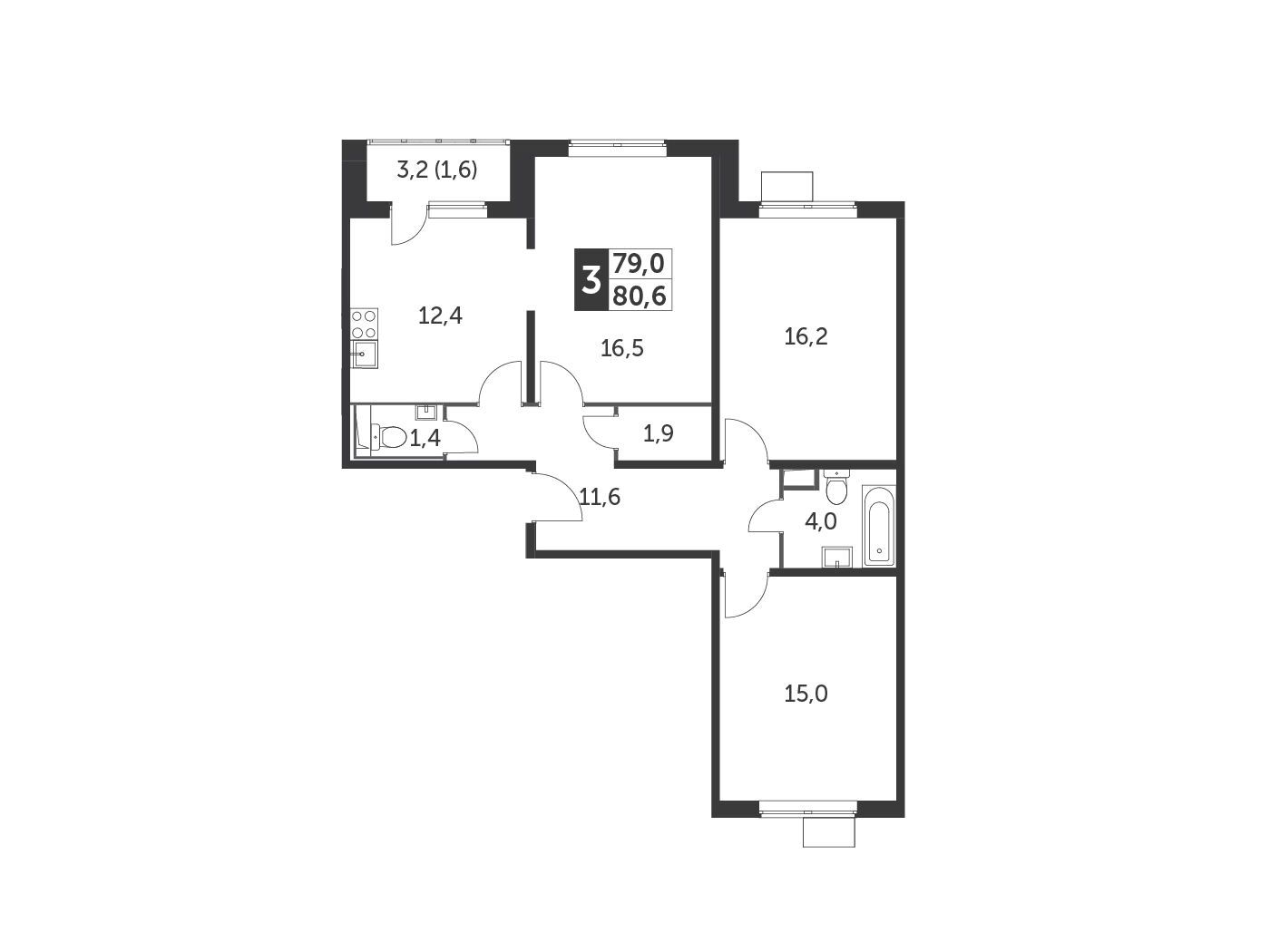 Планировка: 3-комн. квартира 79.80 м² в новостройке Южная Битца