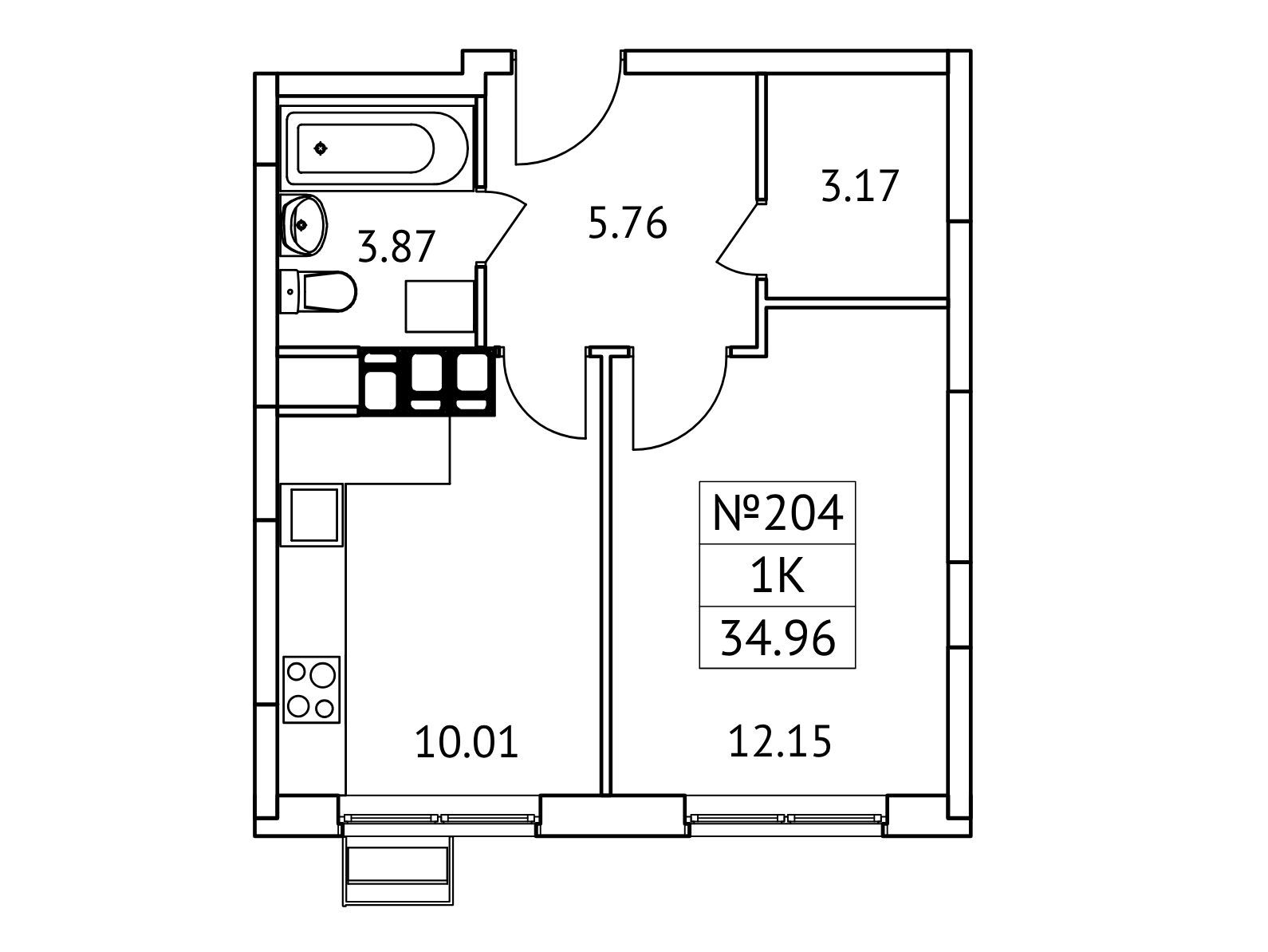 Планировка: 1-комн. квартира 34.96 м² в новостройке Новотомилино
