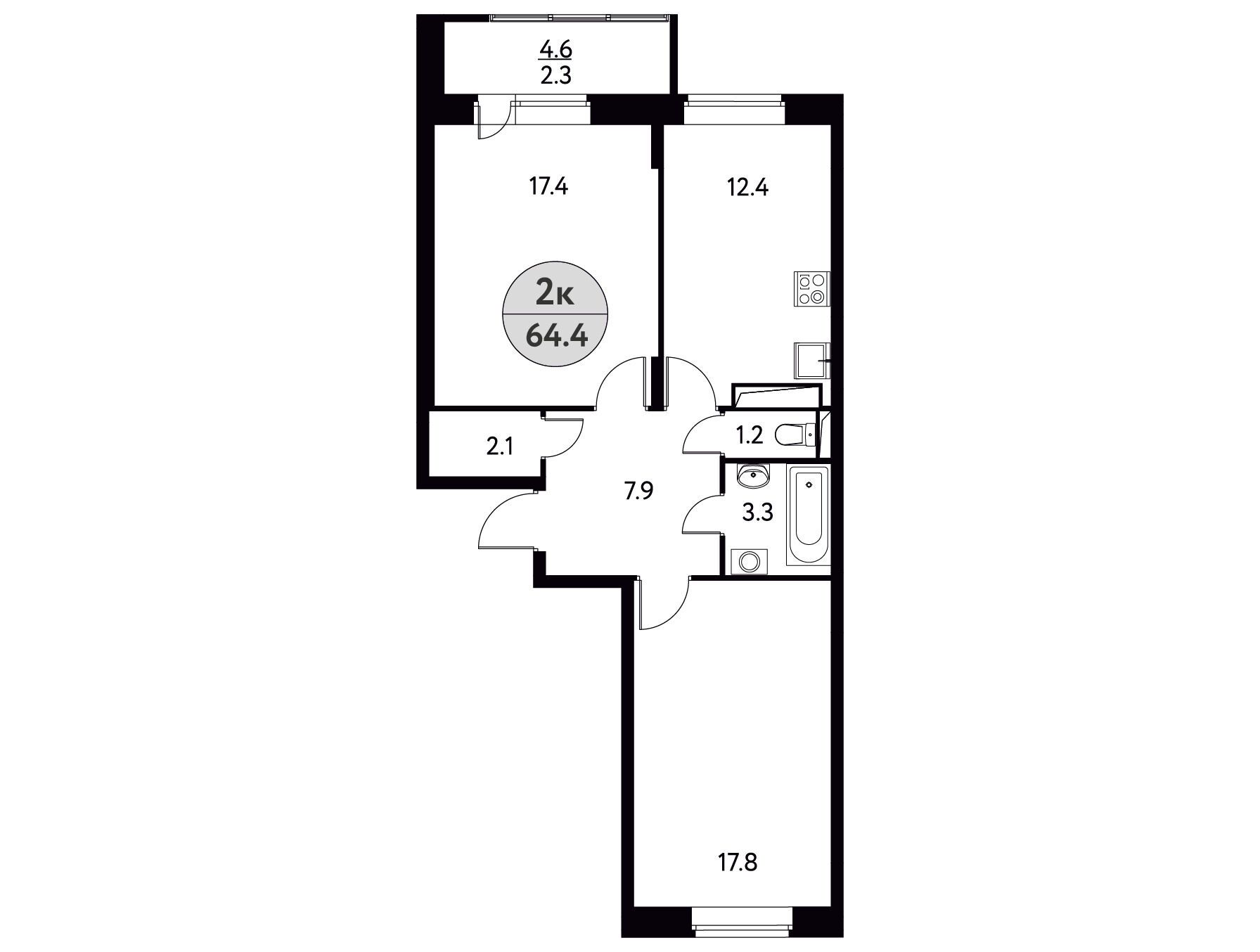 Планировка: 2-комн. квартира 64.40 м² в новостройке Солнечная Долина