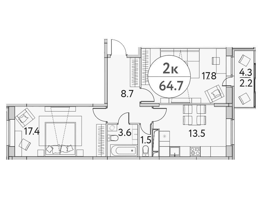 Планировка: 2-комн. квартира 64.70 м² в новостройке Солнечная Долина