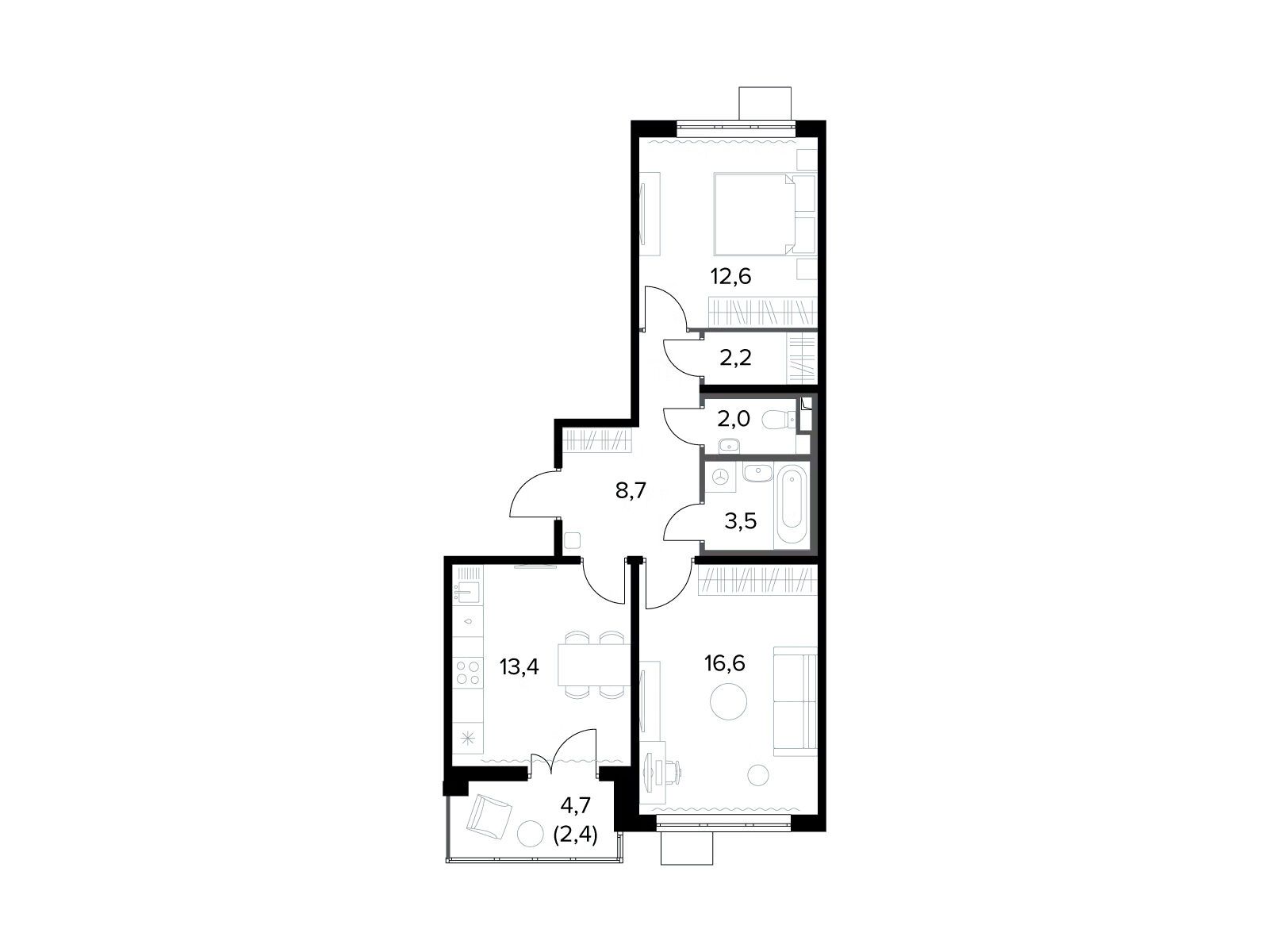 Планировка: 2-комн. квартира 61.40 м² в новостройке 1-й Донской