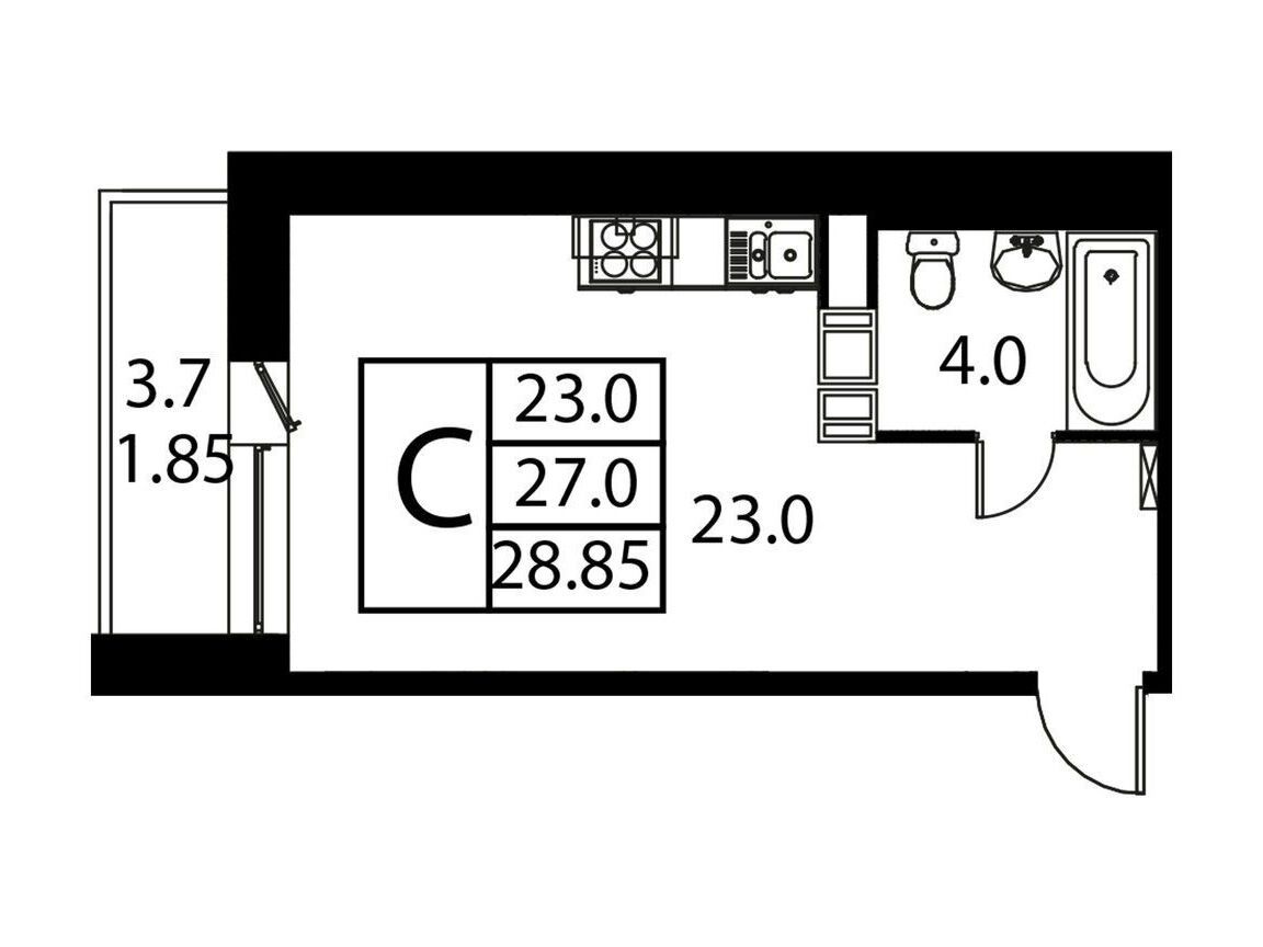 Планировка: Студия 28.85 м² в новостройке Космос