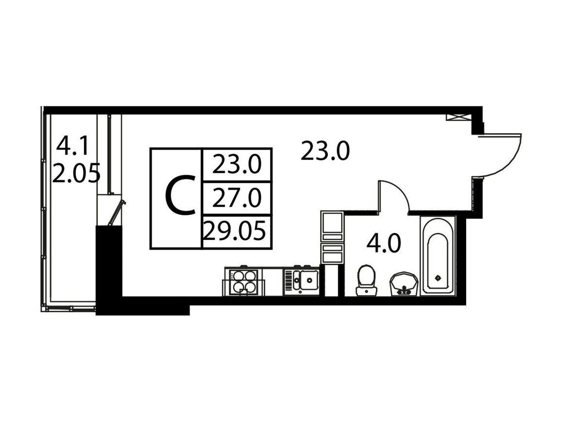Планировка: Студия 29.05 м² в новостройке Космос