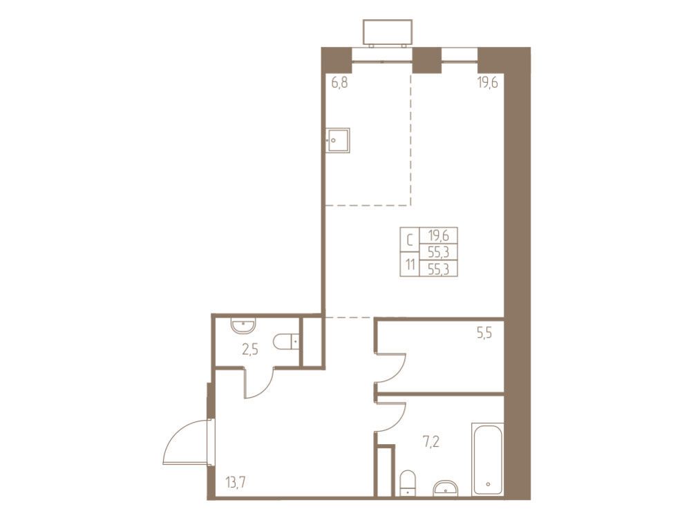 Планировка: Студия 55.30 м² в новостройке Фабрикант