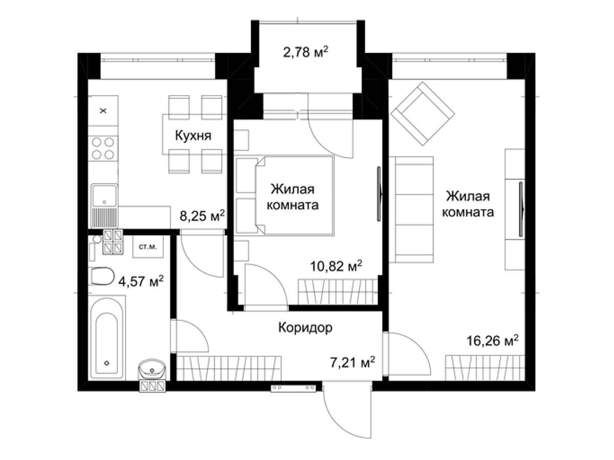 Планировка: 2-комн. квартира 50.40 м² в новостройке Бакеево-Парк