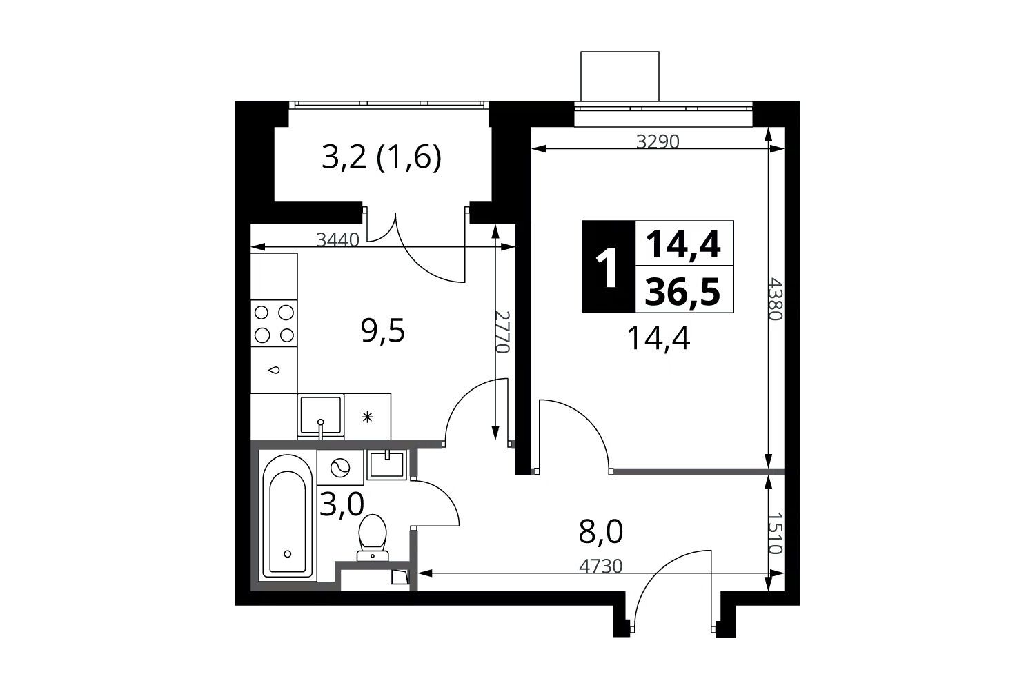 Планировка: 1-комн. квартира 36.50 м² в новостройке 1-й Донской