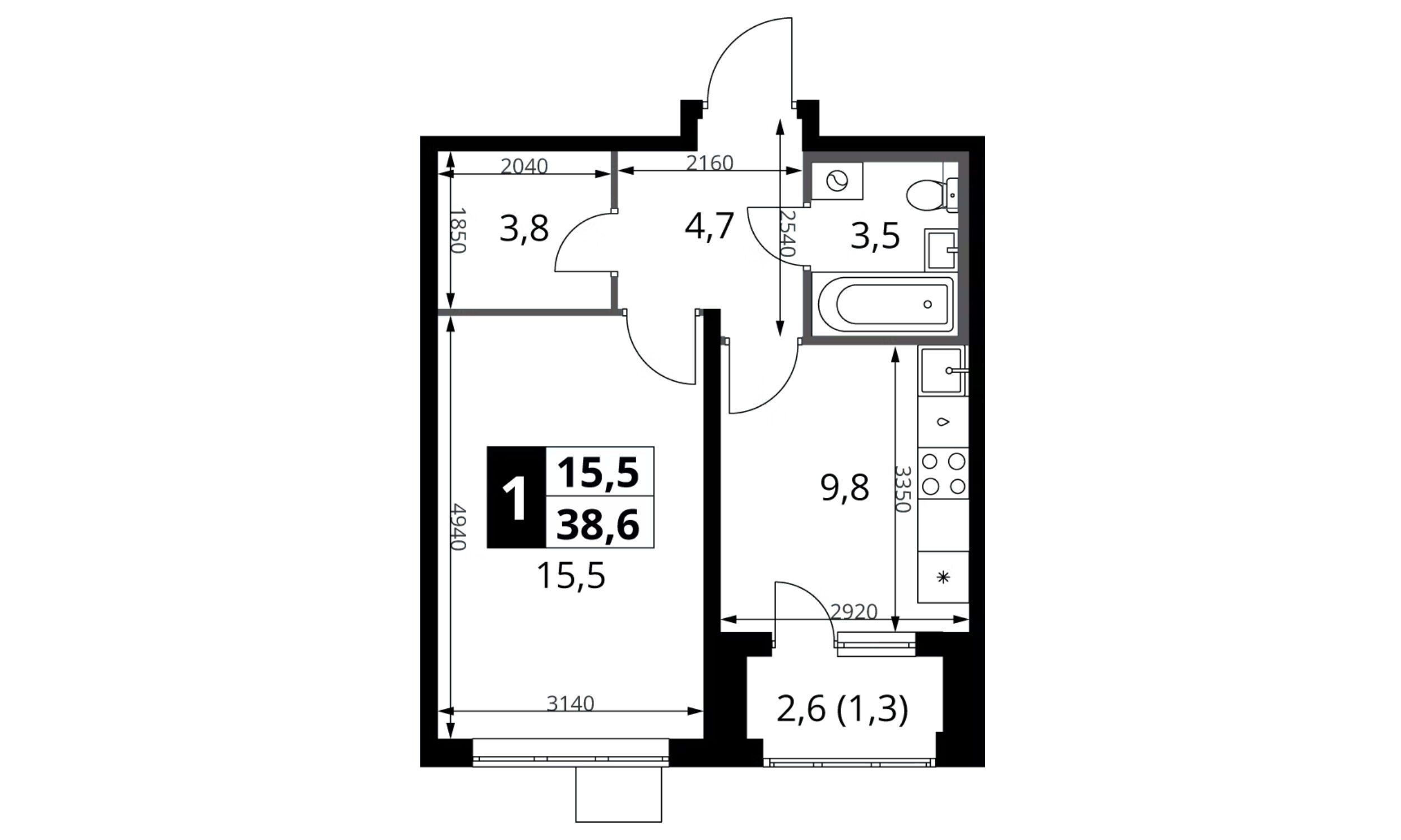 Планировка: 1-комн. квартира 38.60 м² в новостройке 1-й Донской