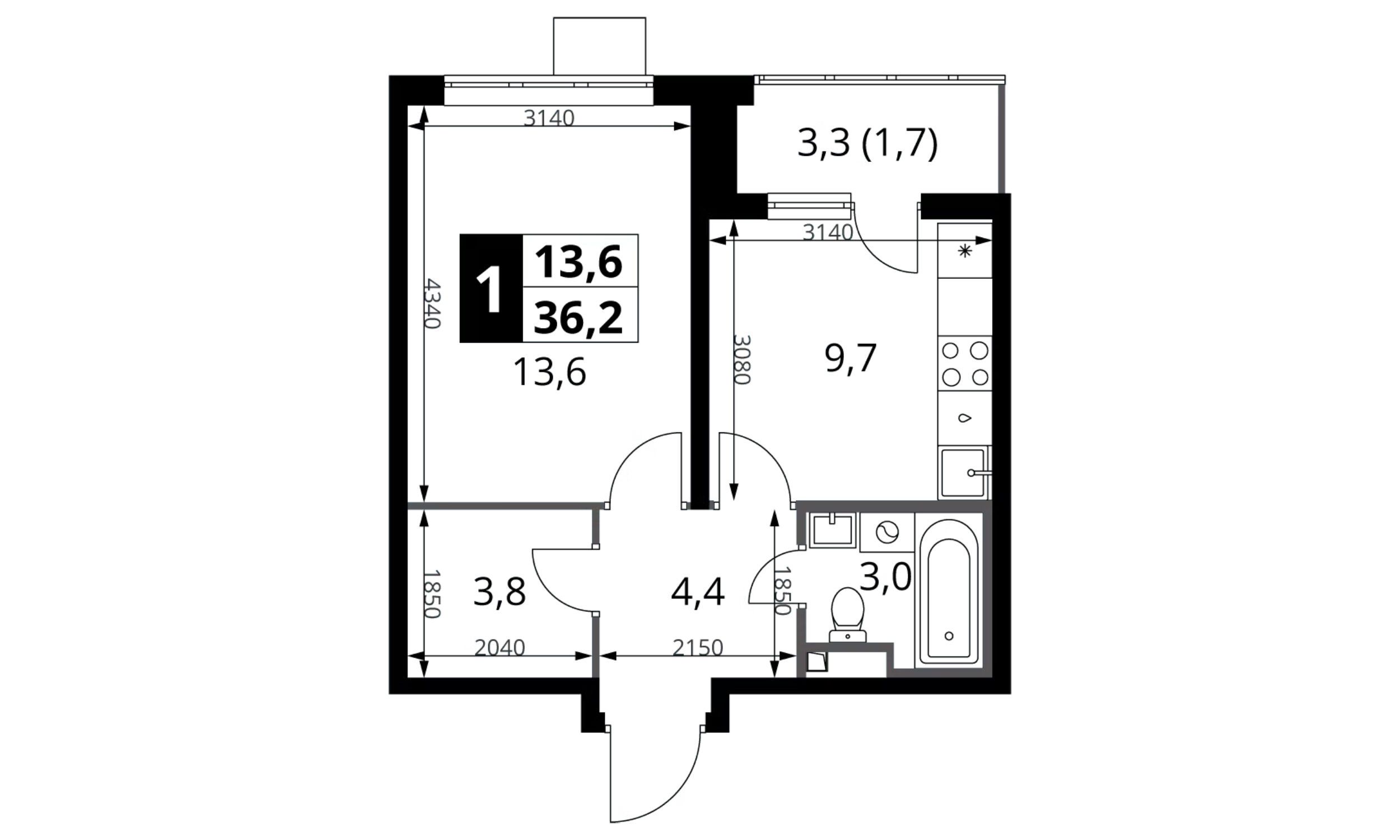 Планировка: 1-комн. квартира 36.20 м² в новостройке 1-й Донской