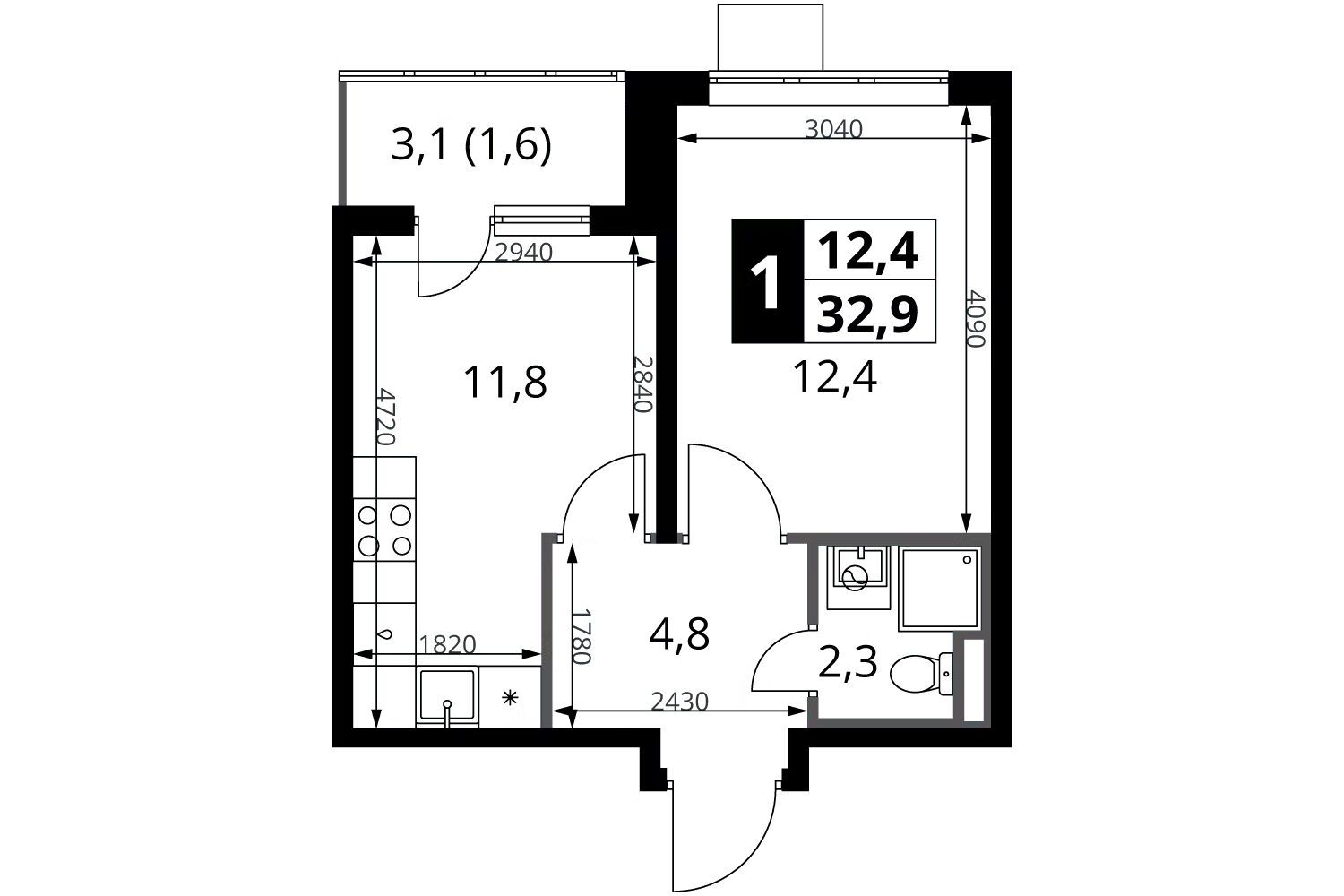 Планировка: 1-комн. квартира 32.90 м² в новостройке 1-й Донской