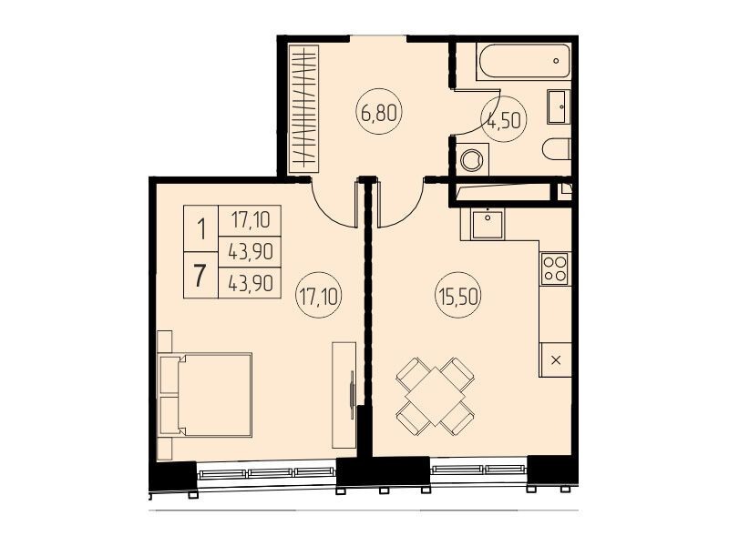 Планировка: Студия 43.90 м² в новостройке 7 небо