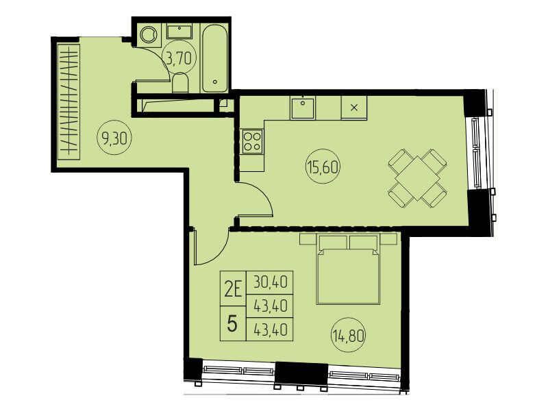 Планировка: 2-комн. квартира 43.40 м² в новостройке 7 небо