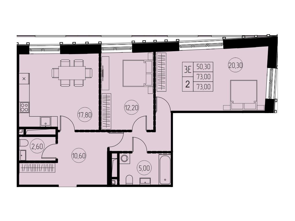 Планировка: 3-комн. квартира 73.00 м² в новостройке ЖК 7 небо