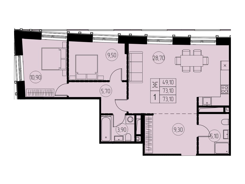 Планировка: 3-комн. квартира 73.10 м² в новостройке 7 небо