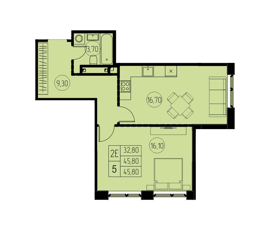Планировка: 2-комн. квартира 45.80 м² в новостройке 7 небо