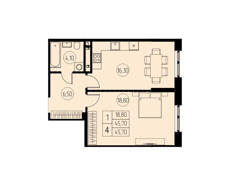 Планировка: 1-комн. квартира 45.70 м² в новостройке 7 небо