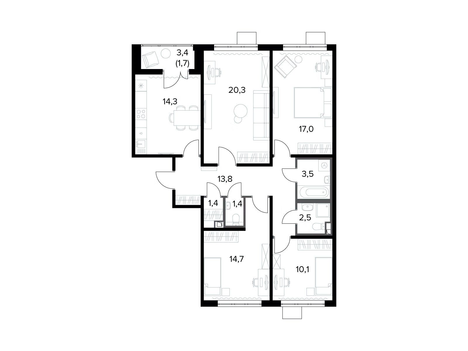 Планировка: 4-комн. квартира 100.70 м² в новостройке 1-й Донской