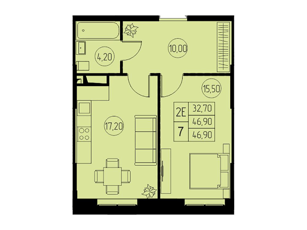 Планировка: 2-комн. квартира 46.90 м² в новостройке 31 квартал