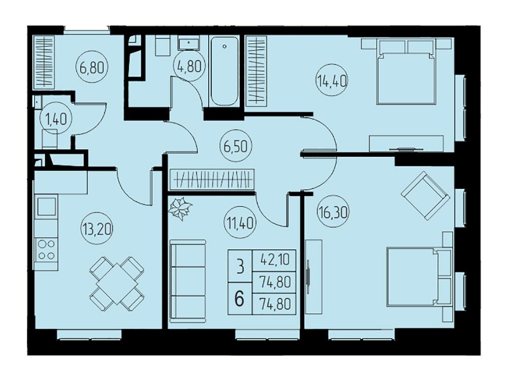 Планировка: 3-комн. квартира 74.80 м² в новостройке 31 квартал