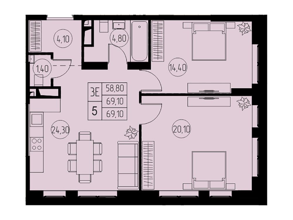 Планировка: 3-комн. квартира 69.10 м² в новостройке 31 квартал