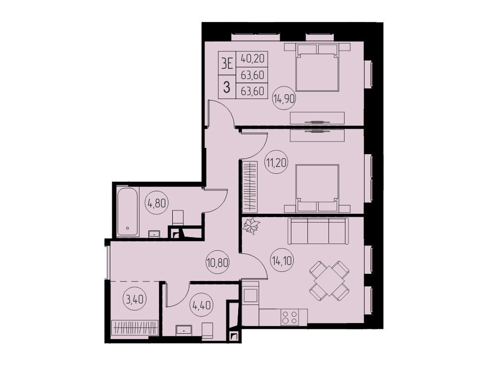 Планировка: 3-комн. квартира 63.60 м² в новостройке 31 квартал
