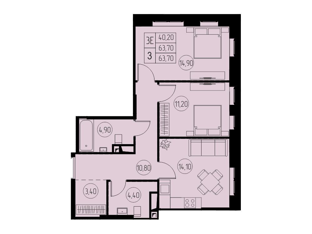 Планировка: 3-комн. квартира 63.70 м² в новостройке 31 квартал