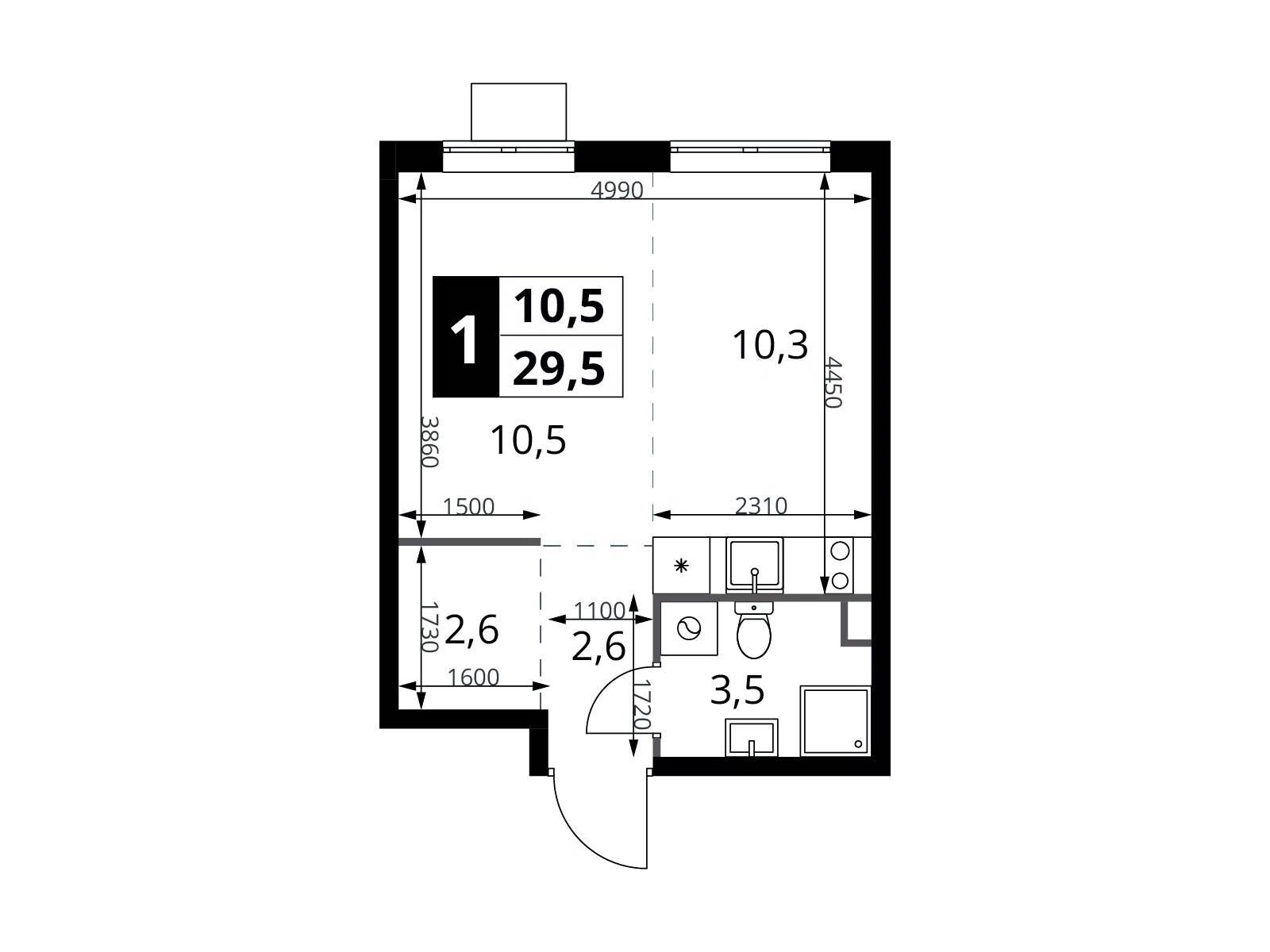 Планировка: Студия 29.50 м² в новостройке ЖК 1-й Шереметьевский (Первый Шереметьевский)