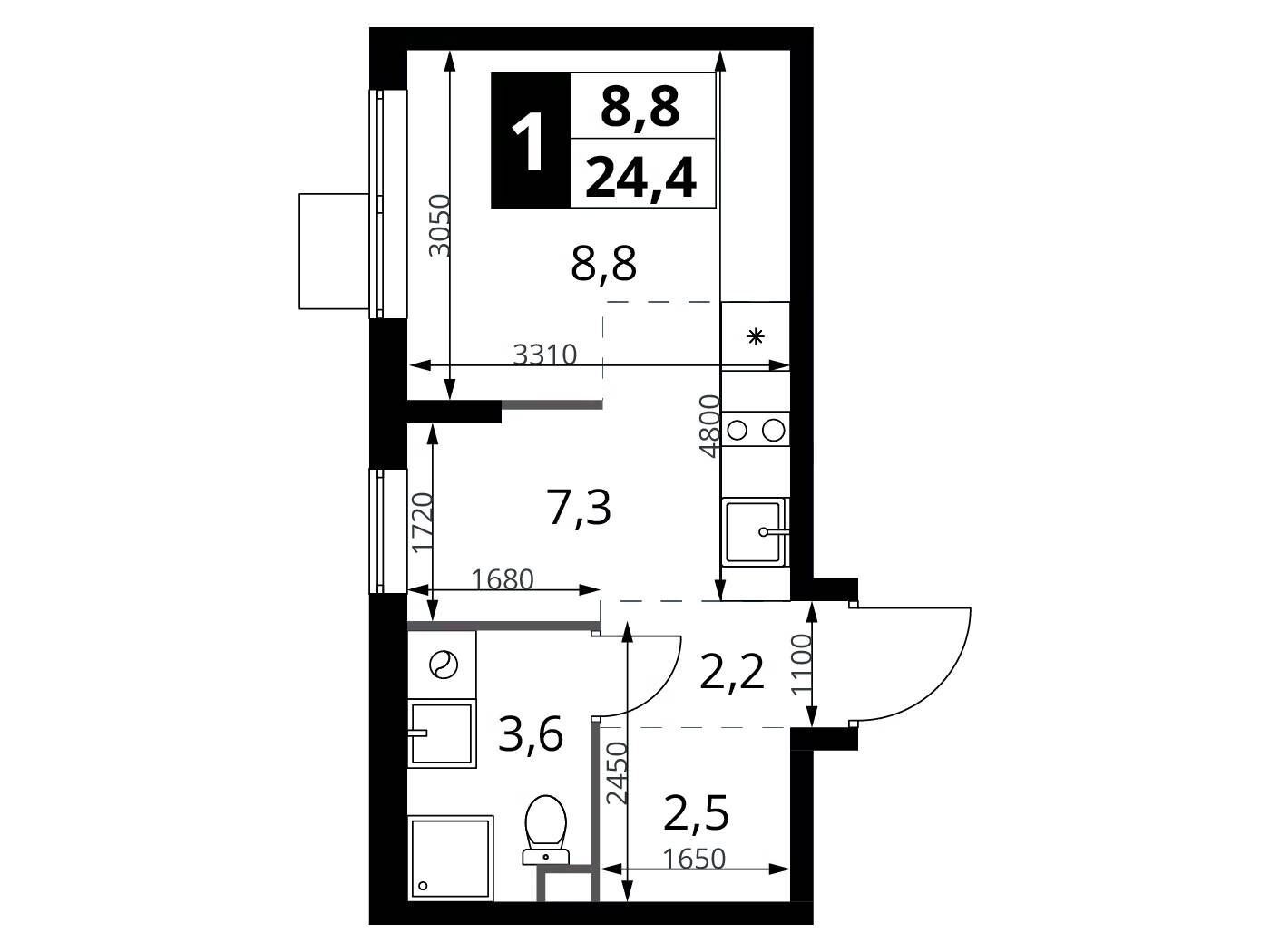 Планировка: Студия 24.40 м² в новостройке 1-й Шереметьевский