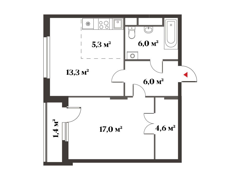 Планировка: 2-комн. квартира 53.60 м² в новостройке Восемь Кленов