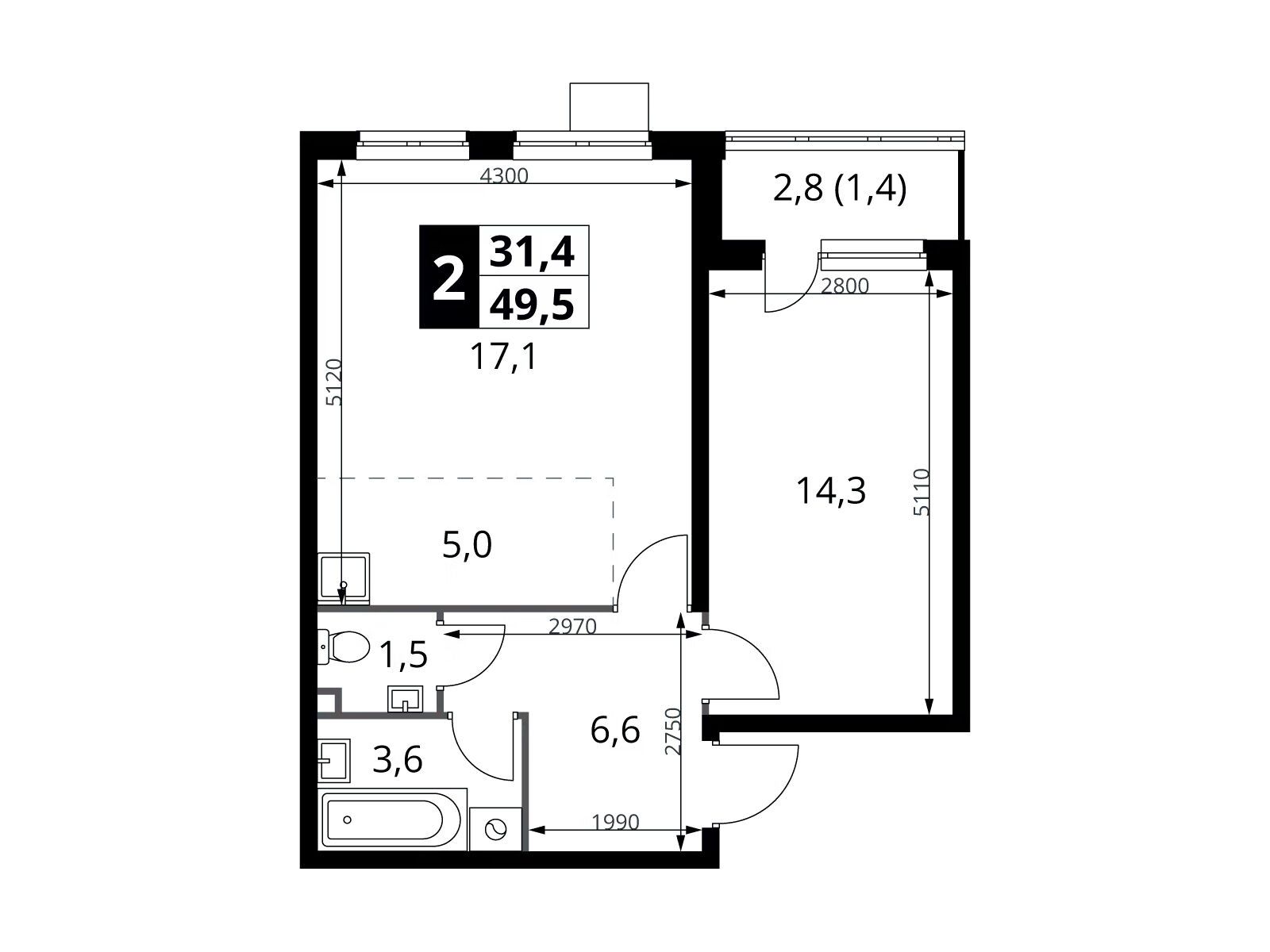 Планировка: 2-комн. квартира 49.50 м² в новостройке 1-й Донской