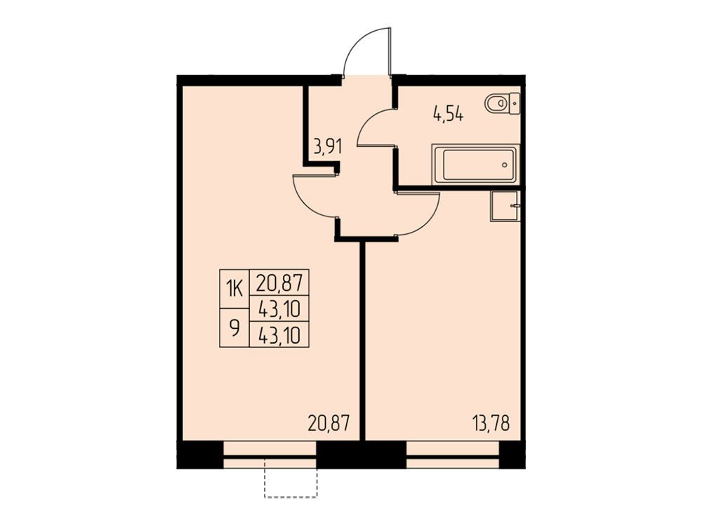 Планировка: 1-комн. квартира 43.10 м² в новостройке Дом на Студенческом