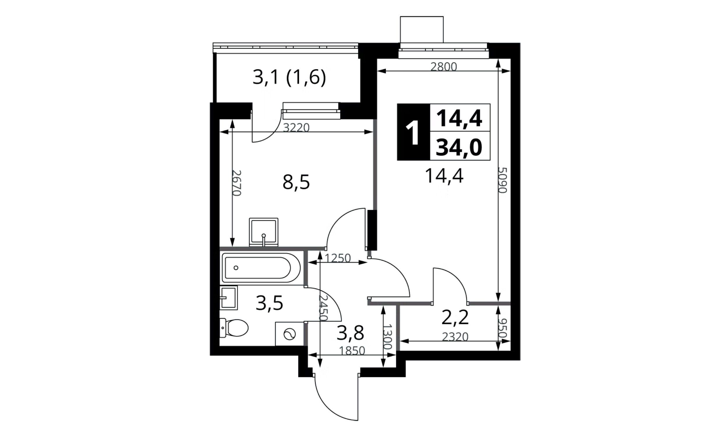 Планировка: 1-комн. квартира 34.00 м² в новостройке 1-й Донской