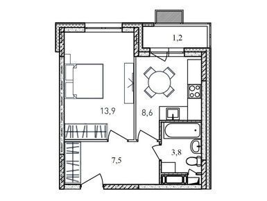 Планировка: 1-комн. квартира 35.00 м² в новостройке Квартал Светлый