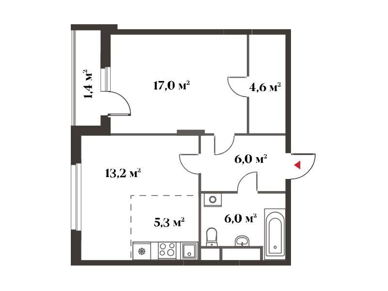 Планировка: 2-комн. квартира 53.60 м² в новостройке Восемь Кленов
