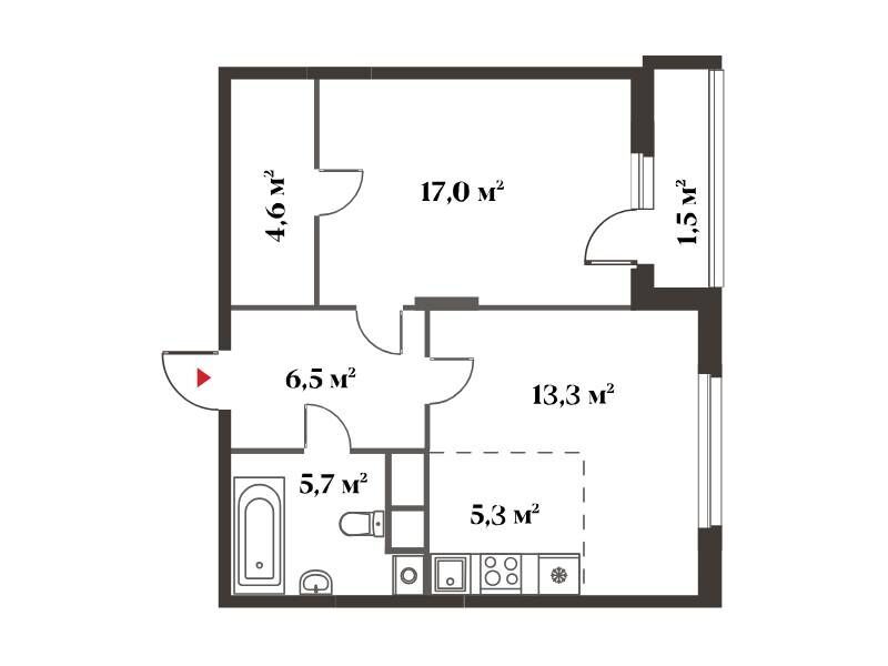 Планировка: 2-комн. квартира 53.80 м² в новостройке Восемь Кленов