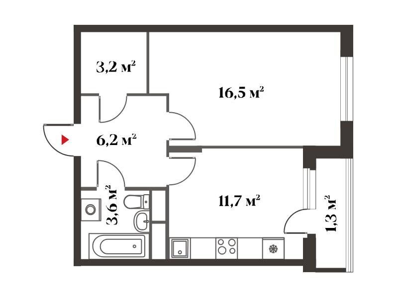 Планировка: 1-комн. квартира 42.40 м² в новостройке Восемь Кленов