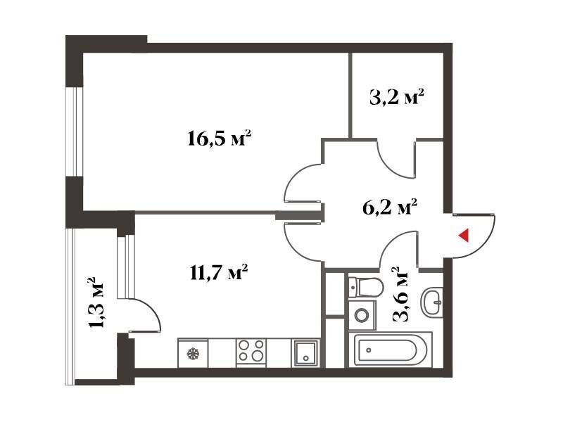 Планировка: 1-комн. квартира 42.40 м² в новостройке Восемь Кленов
